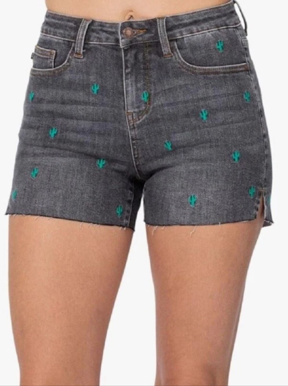 Judy Blue Cactus Embroidered Black Denim Jean Shorts Small High Rise Raw Hem - Picture 1 of 14